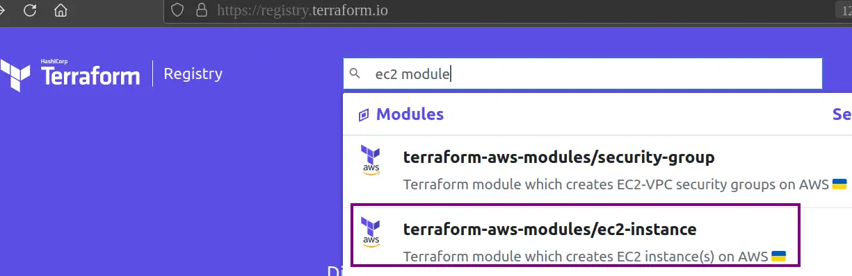 Recherche d'un module sur le Terraform Registry