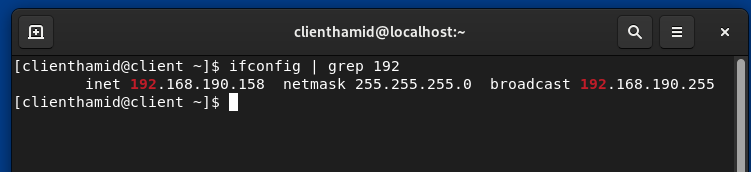 Terminal du client (clienthamid@client) : sortie de ifconfig | grep 192 affichant l'IPv4 192.168.190.158, netmask 255.255.255.0