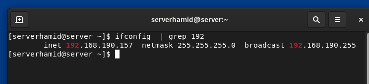 Terminal du serveur (serverhamid@server) : sortie de ifconfig | grep 192 affichant l'IPv4 192.168.190.157, netmask 255.255.255.0