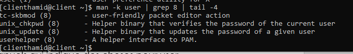 Recherche man -k user filtrée par grep 8 et tail -4 : pages man de la section 8 (administration) liées aux utilisateurs