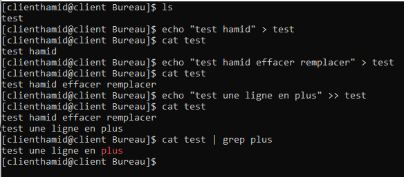 Démonstration des redirections : création avec >, écrasement, ajout avec >> puis filtrage par pipe vers grep plus