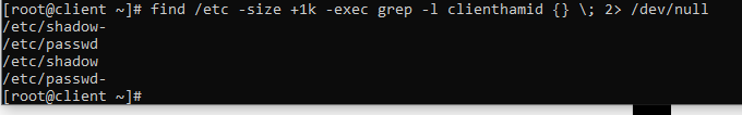 Capture du terminal root@client exécutant find /etc -size +1k -exec grep -l clienthamid : la sortie liste les fichiers correspondants /etc/shadow, /etc/passwd, /etc/shadow-, /etc/passwd-