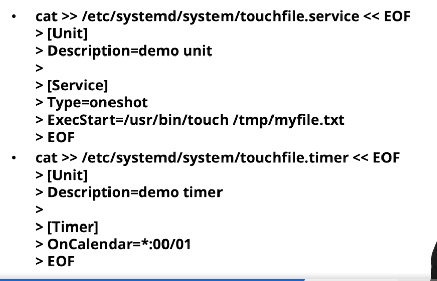 Création des unités touchfile.service (Type=oneshot, ExecStart=touch) et touchfile.timer (OnCalendar=*:00/01) via cat >> EOF