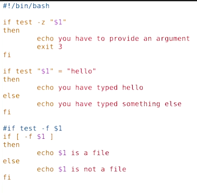 Script bash de tests conditionnels : if test -z, comparaison de chaîne avec hello, et test -f sur un fichier