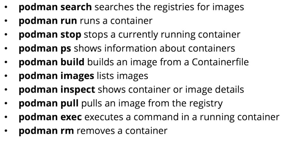 Récapitulatif des sous-commandes Podman essentielles : search, run, stop, ps, build, images, inspect, pull, exec, rm